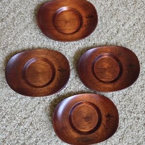 Set of 4 Vintage Oval Wooden Saucers with Floral Etched Design Japanese Chataku